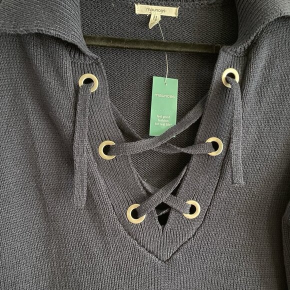 Maurices Women XS Navy Blue Preppy Coastal Relaxed Lace Up Collared Sweater NWT - Picture 6 of 12